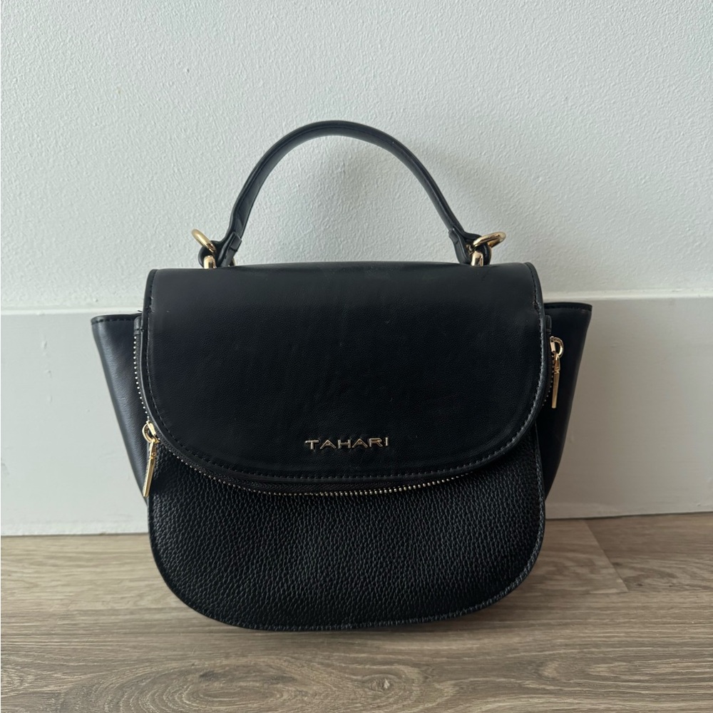 Tahari Black Top-Handle Satchel with Gold Hardware